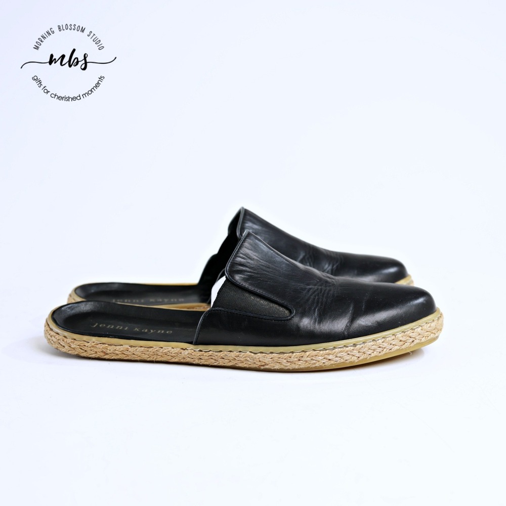 Jenni Kayne Almond Toe  Leather Flat Espadrille Mules Black Women EU 40 US 9